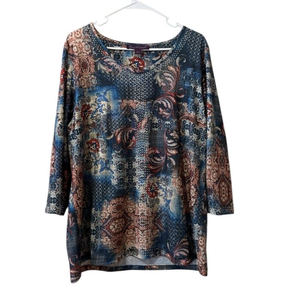 Gloria Vanderbilt Women Size Large Blouse Floral Colorful‎ Stretch Embellished